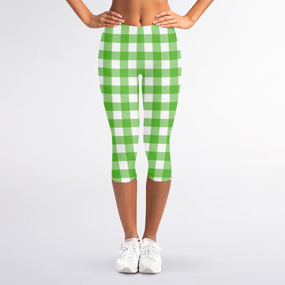 UFO Green And White Buffalo Check Print Women's Capri Leggings