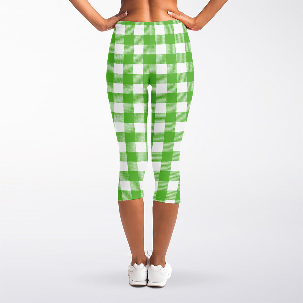 UFO Green And White Buffalo Check Print Women's Capri Leggings