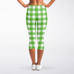 UFO Green And White Buffalo Check Print Women's Capri Leggings