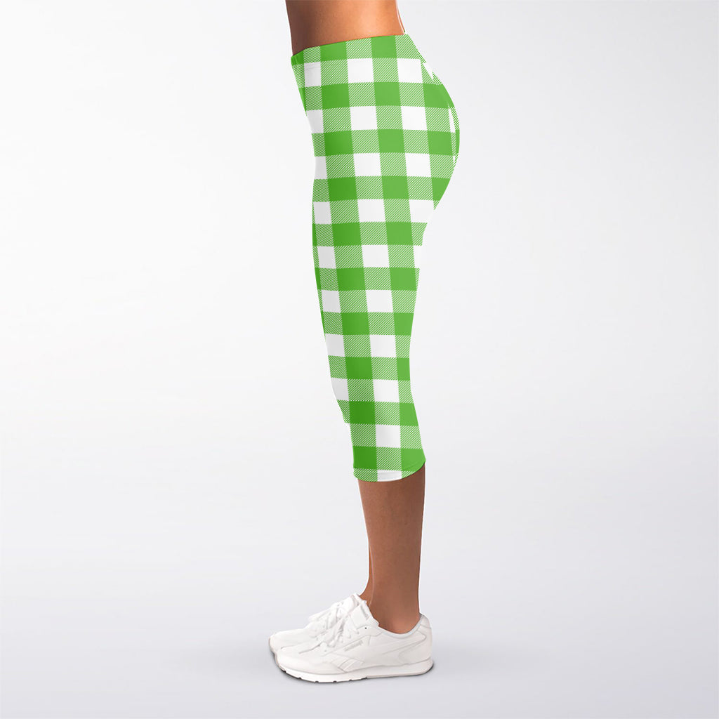 UFO Green And White Buffalo Check Print Women's Capri Leggings