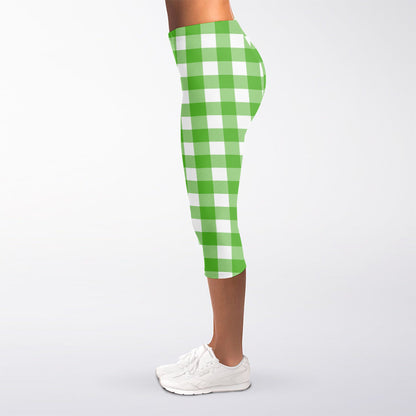 UFO Green And White Buffalo Check Print Women's Capri Leggings