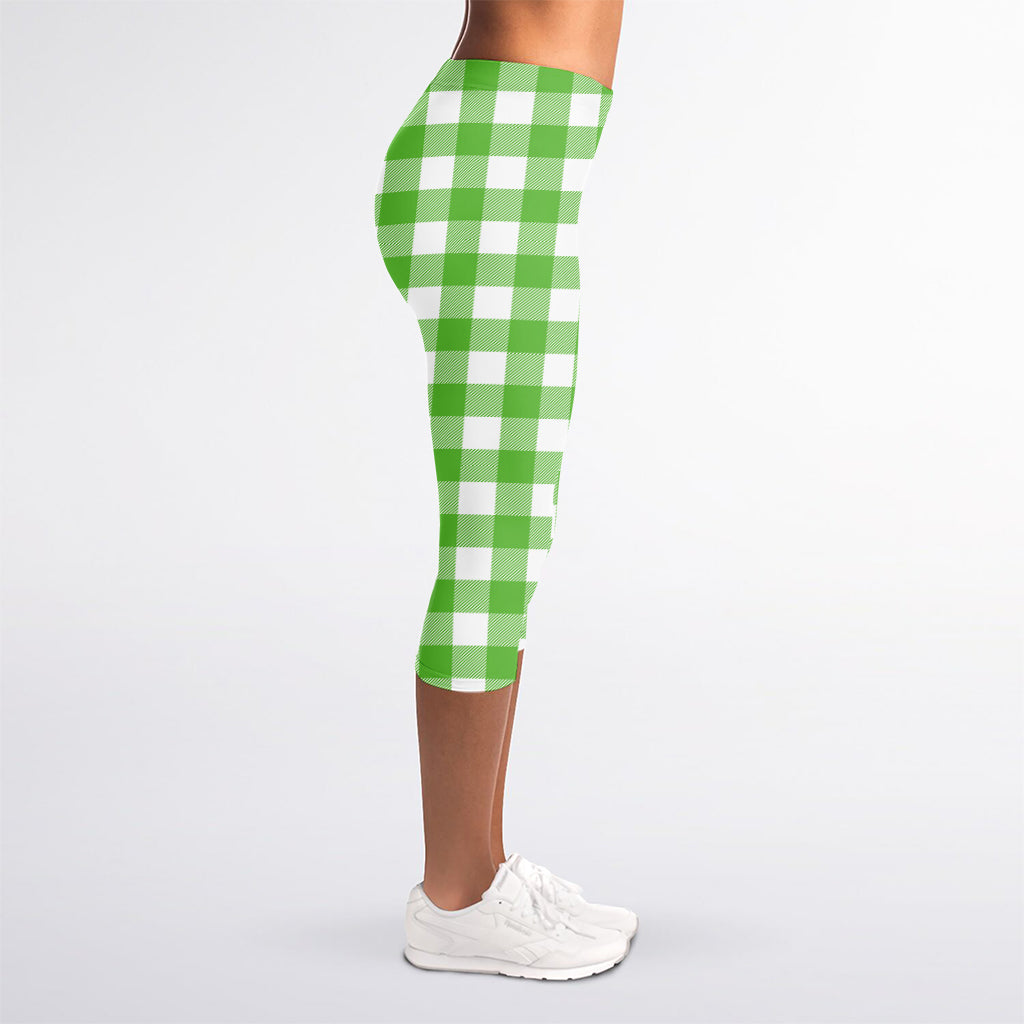 UFO Green And White Buffalo Check Print Women's Capri Leggings