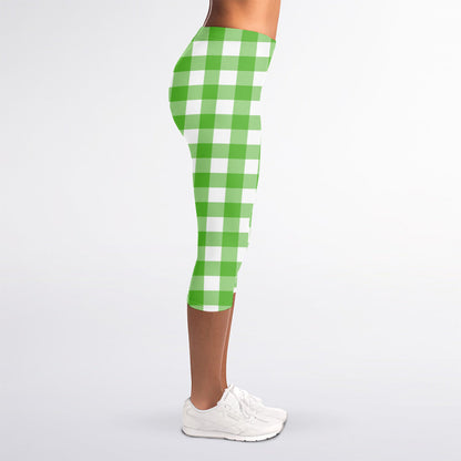 UFO Green And White Buffalo Check Print Women's Capri Leggings