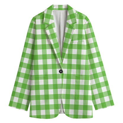 UFO Green And White Buffalo Check Print Women's Cotton Blazer
