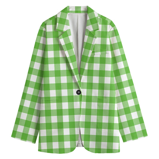 UFO Green And White Buffalo Check Print Women's Cotton Blazer