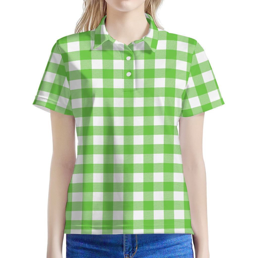 UFO Green And White Buffalo Check Print Women's Polo Shirt