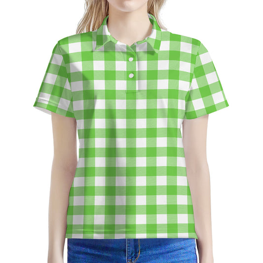UFO Green And White Buffalo Check Print Women's Polo Shirt