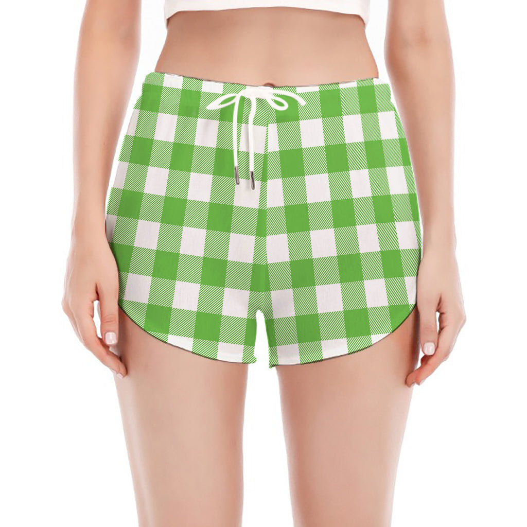 UFO Green And White Buffalo Check Print Women's Split Running Shorts
