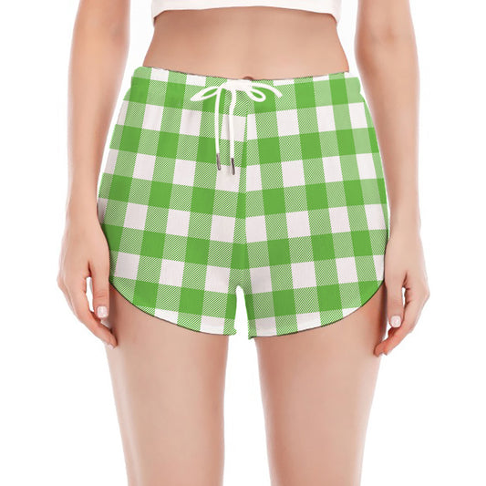 UFO Green And White Buffalo Check Print Women's Split Running Shorts