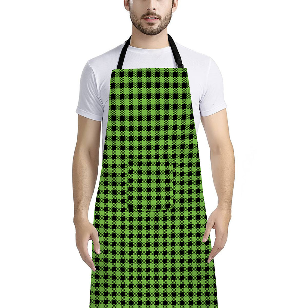 UFO Green Buffalo Plaid Print Bib Apron With Pocket