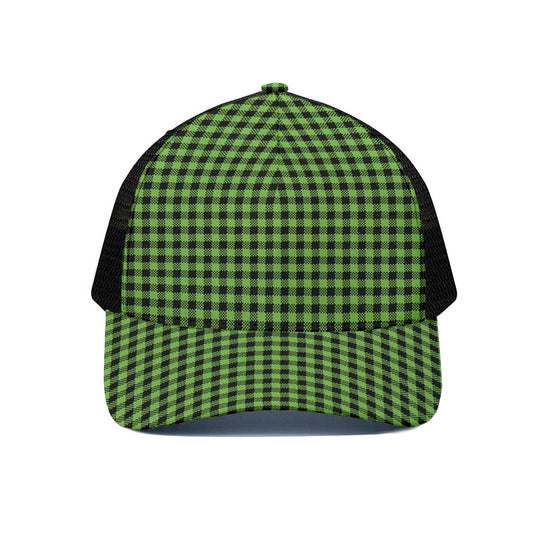 UFO Green Buffalo Plaid Print Black Mesh Trucker Cap
