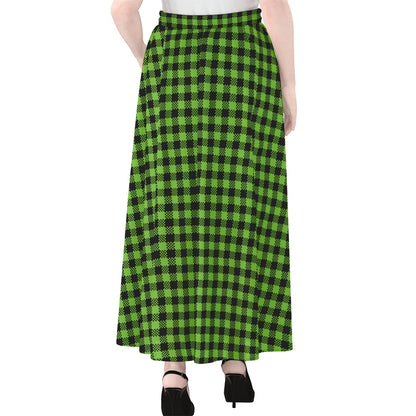 UFO Green Buffalo Plaid Print Chiffon Maxi Skirt