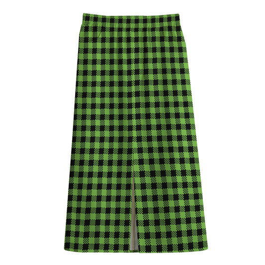 UFO Green Buffalo Plaid Print Cotton Front Slit Maxi Skirt