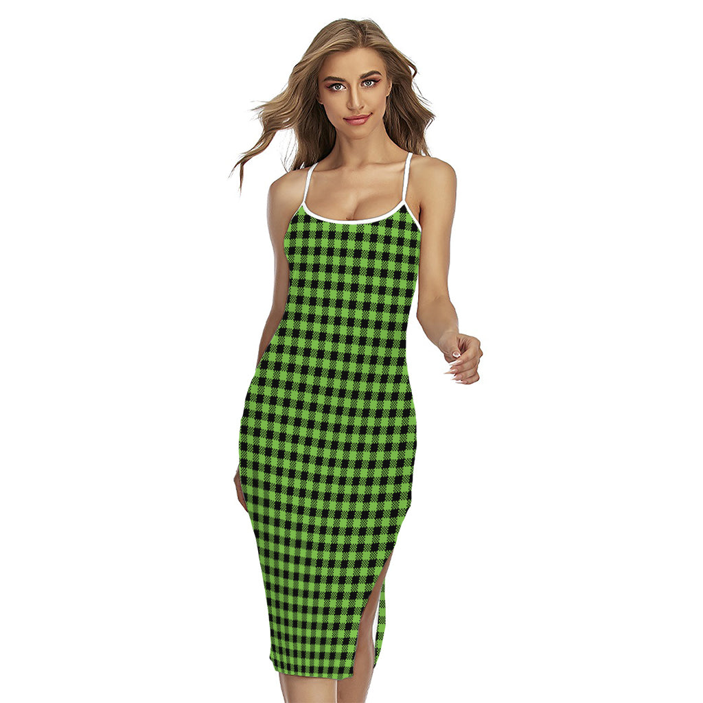 UFO Green Buffalo Plaid Print Cross Back Cami Dress