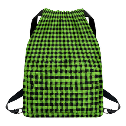 UFO Green Buffalo Plaid Print Drawstring Backpack