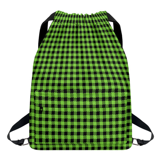 UFO Green Buffalo Plaid Print Drawstring Backpack