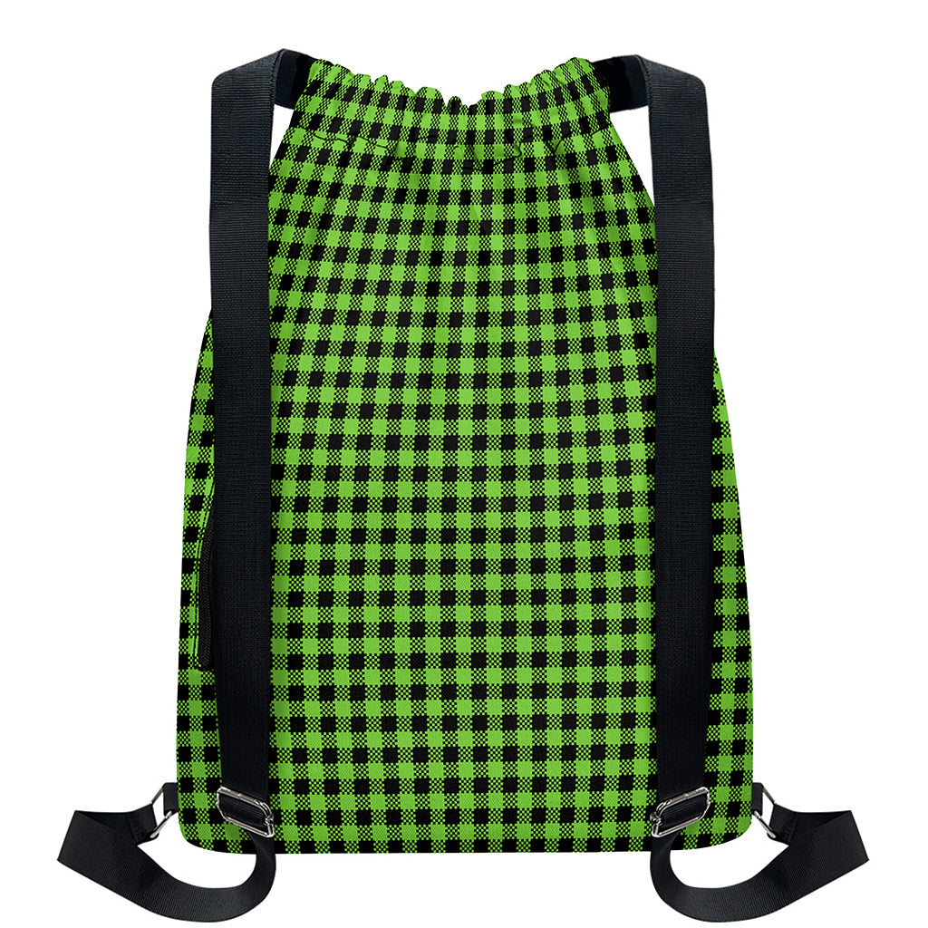 UFO Green Buffalo Plaid Print Drawstring Backpack
