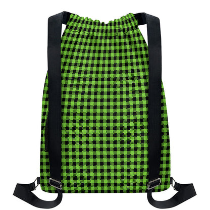 UFO Green Buffalo Plaid Print Drawstring Backpack