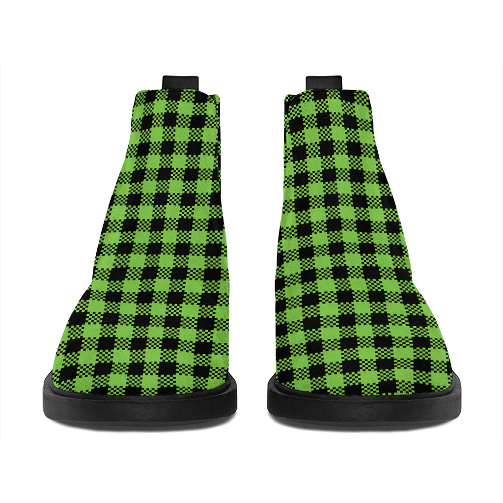 UFO Green Buffalo Plaid Print Flat Ankle Boots