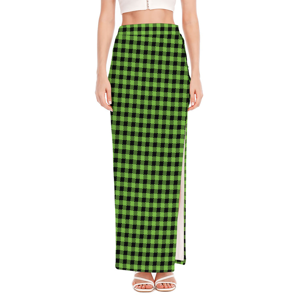 UFO Green Buffalo Plaid Print High Slit Maxi Skirt