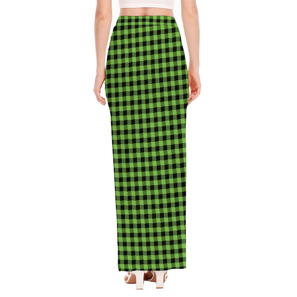 UFO Green Buffalo Plaid Print High Slit Maxi Skirt