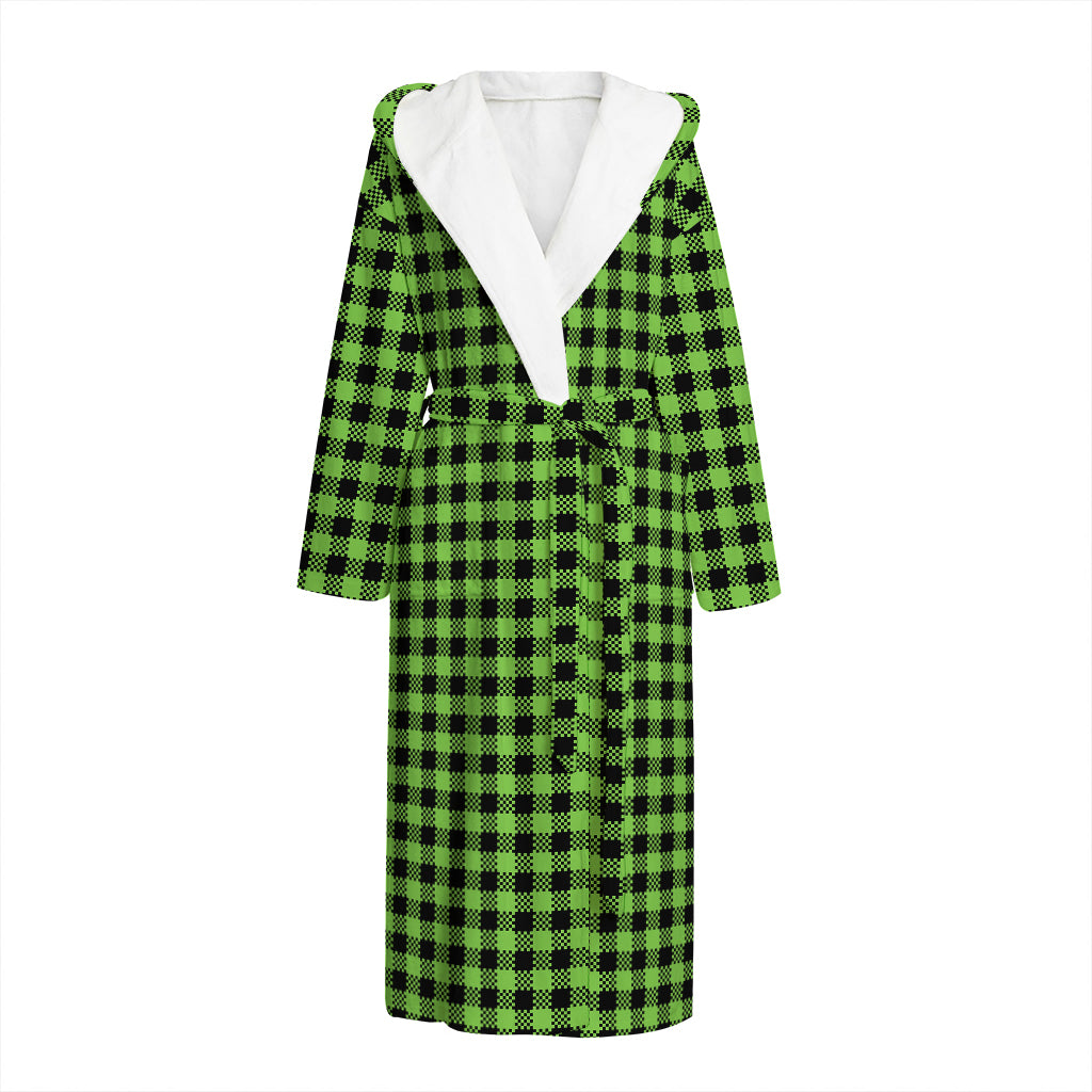 UFO Green Buffalo Plaid Print Hooded Bathrobe