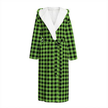 UFO Green Buffalo Plaid Print Hooded Bathrobe