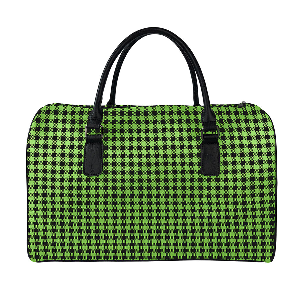 UFO Green Buffalo Plaid Print Leather Duffle Bag