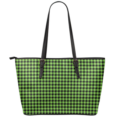 UFO Green Buffalo Plaid Print Leather Tote Bag