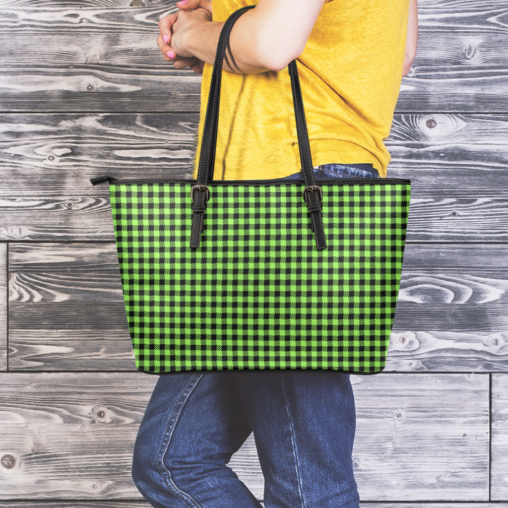 UFO Green Buffalo Plaid Print Leather Tote Bag