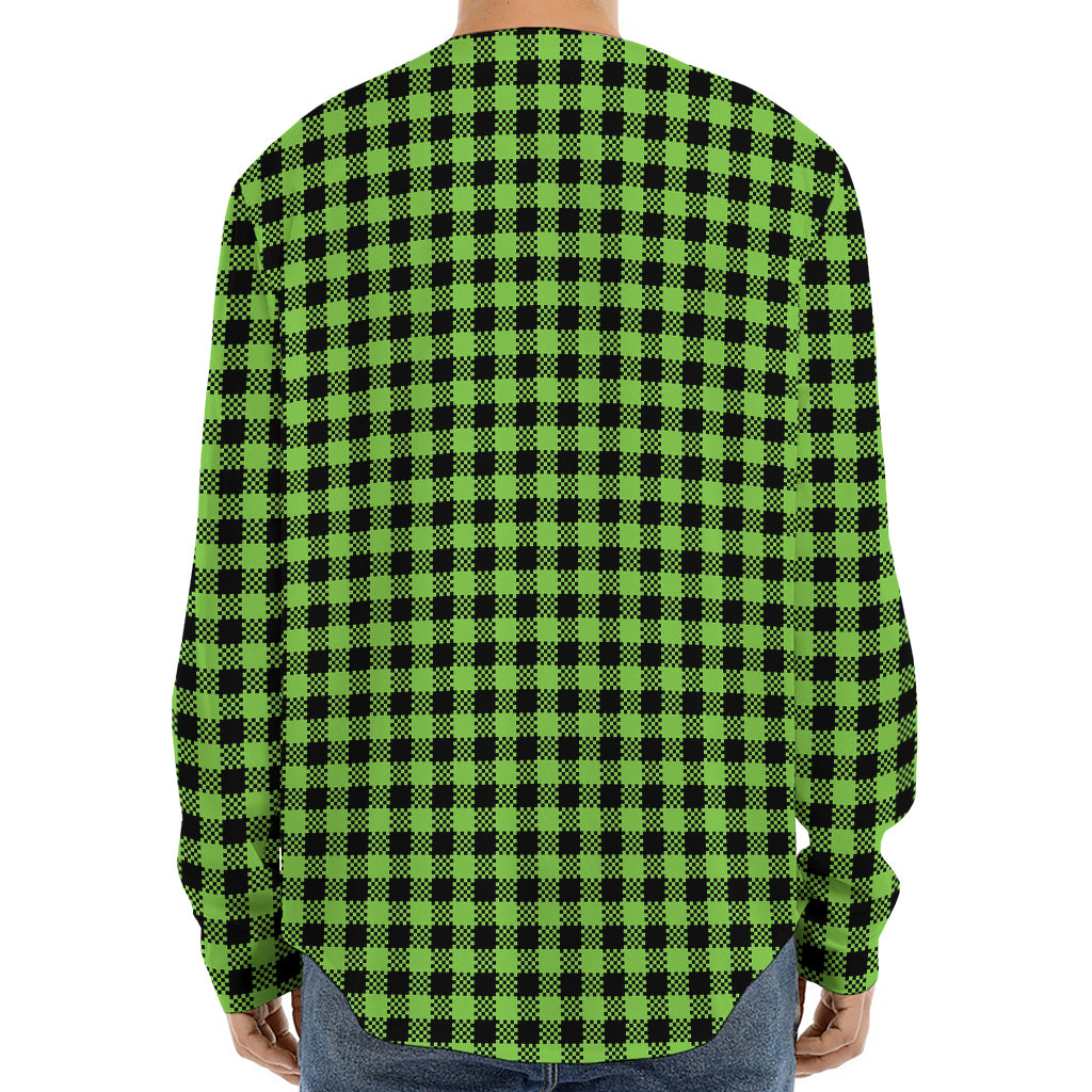 UFO Green Buffalo Plaid Print Long Sleeve Baseball Jersey