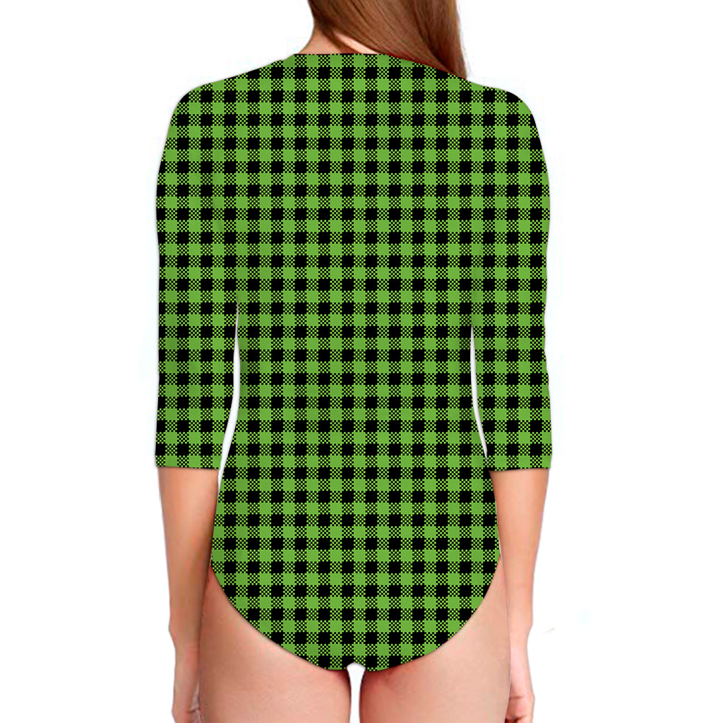 UFO Green Buffalo Plaid Print Long Sleeve Swimsuit