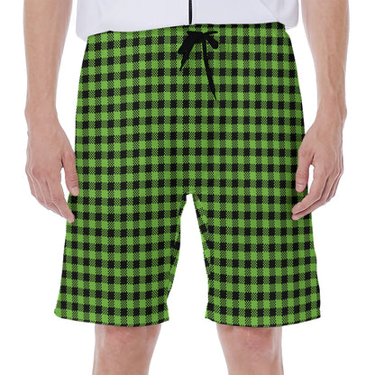 UFO Green Buffalo Plaid Print Men's Beach Shorts