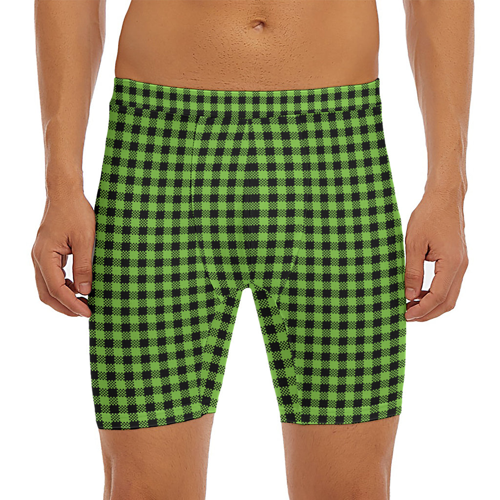 UFO Green Buffalo Plaid Print Men's Long Boxer Briefs