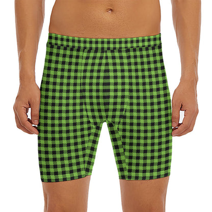 UFO Green Buffalo Plaid Print Men's Long Boxer Briefs