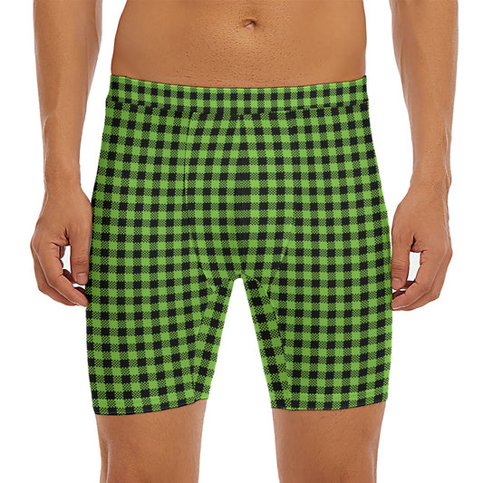 UFO Green Buffalo Plaid Print Men's Long Boxer Briefs