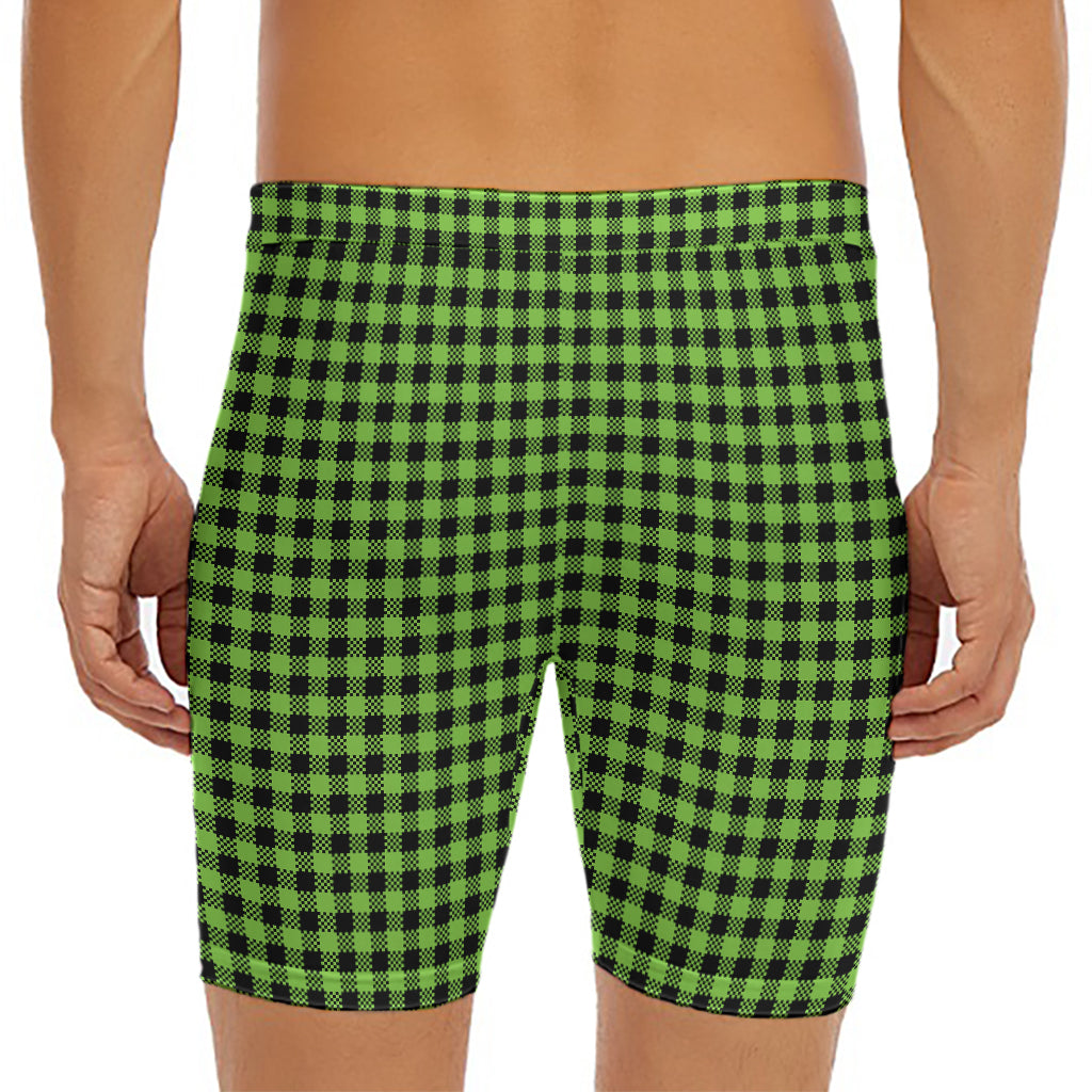 UFO Green Buffalo Plaid Print Men's Long Boxer Briefs