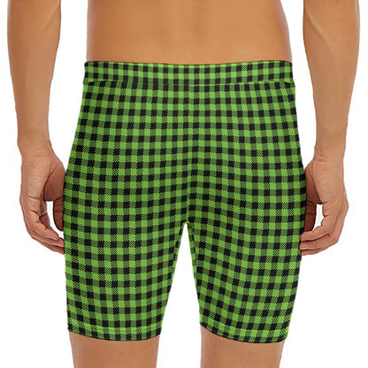 UFO Green Buffalo Plaid Print Men's Long Boxer Briefs