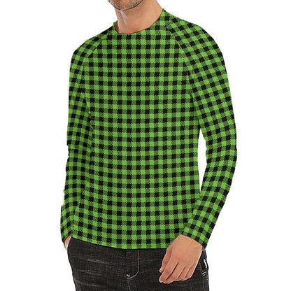 UFO Green Buffalo Plaid Print Men's Long Sleeve Rash Guard