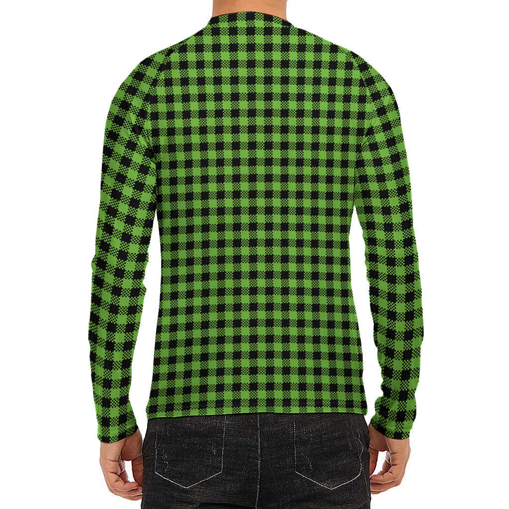 UFO Green Buffalo Plaid Print Men's Long Sleeve Rash Guard