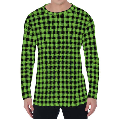 UFO Green Buffalo Plaid Print Men's Long Sleeve T-Shirt