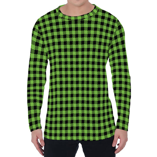 UFO Green Buffalo Plaid Print Men's Long Sleeve T-Shirt