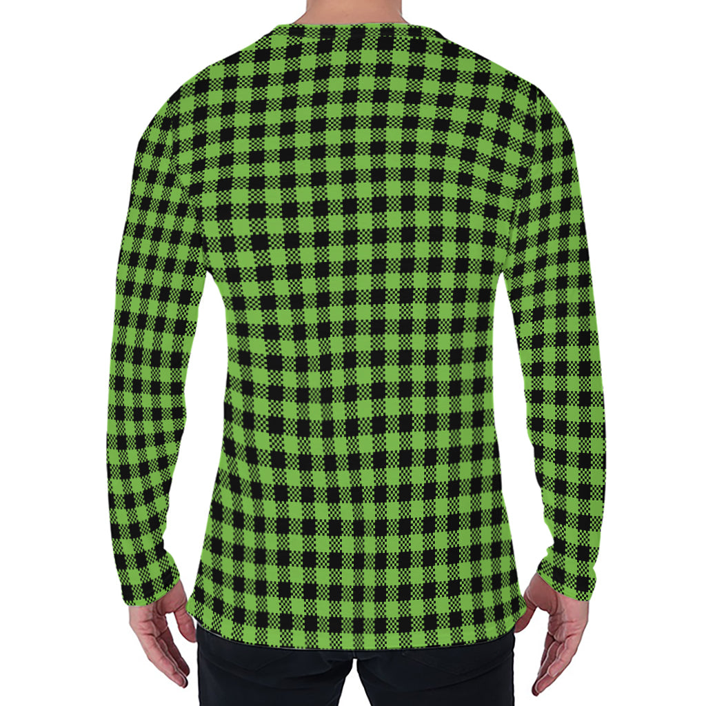 UFO Green Buffalo Plaid Print Men's Long Sleeve T-Shirt