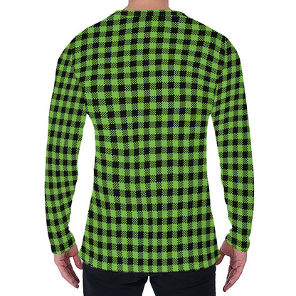 UFO Green Buffalo Plaid Print Men's Long Sleeve T-Shirt