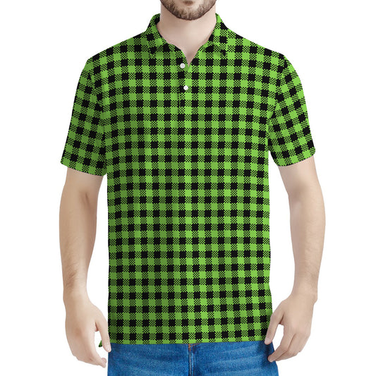UFO Green Buffalo Plaid Print Men's Polo Shirt