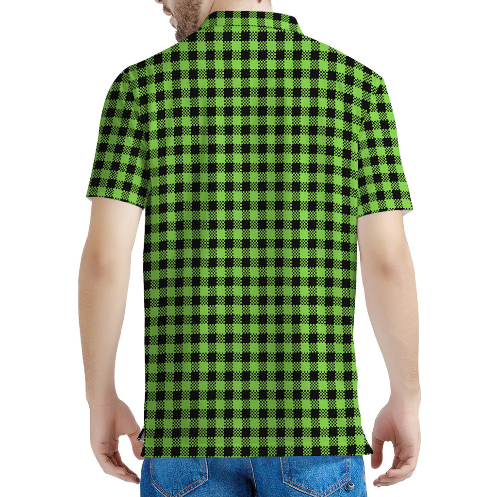 UFO Green Buffalo Plaid Print Men's Polo Shirt
