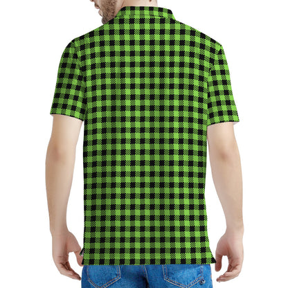 UFO Green Buffalo Plaid Print Men's Polo Shirt
