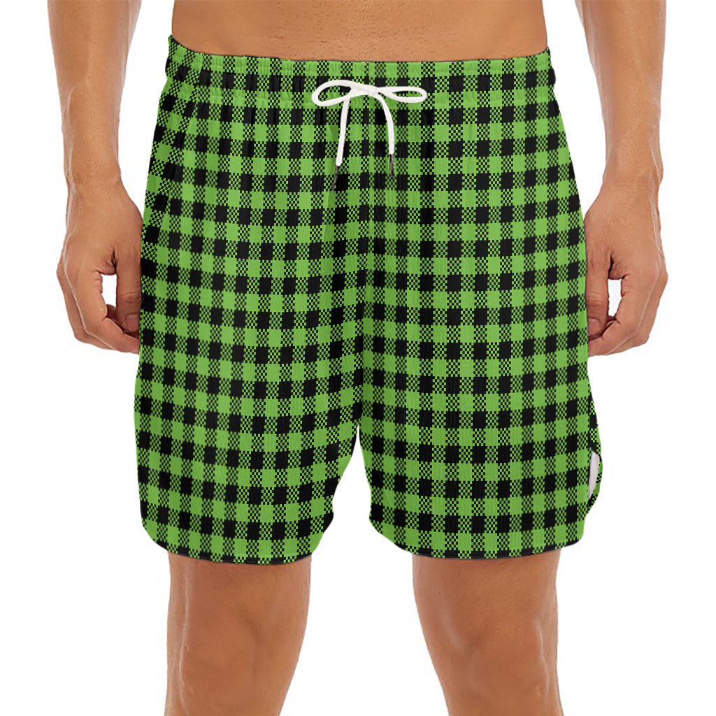 UFO Green Buffalo Plaid Print Men's Split Running Shorts