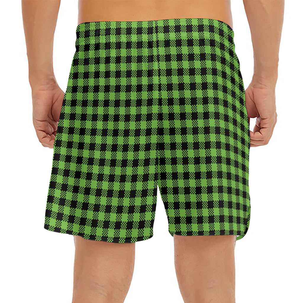 UFO Green Buffalo Plaid Print Men's Split Running Shorts
