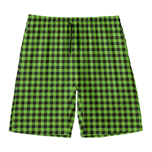 UFO Green Buffalo Plaid Print Men's Swim Trunks